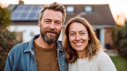 Naklejka premium Happy couple smiling in front of their home