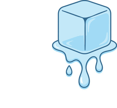 Melting blue ice cube with water drops puddle flat vector illustration graphic design element isolated on white background