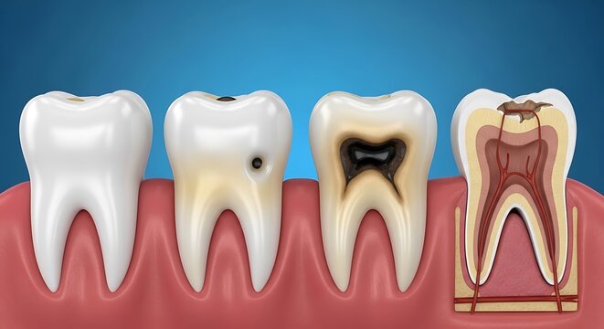 Four stages of tooth decay in human molars with cross section view