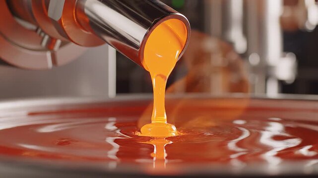 Macro cinematic shot of glowing amber liquid pouring from a metal pipe in a high tech refinery plant, concept of clean energy and future technology.