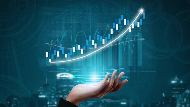 An artistic representation of a hand holding a digital graph showcasing stock market trends. The design features rising lines and bars in a futuristic blue and white style. Copula