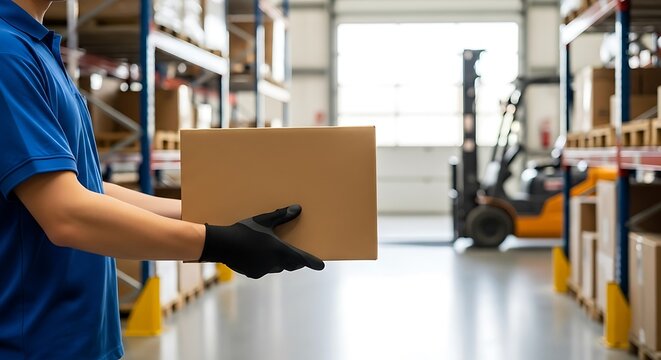 Worker in blue shirt wearing black gloves holding cardboard box in warehouse