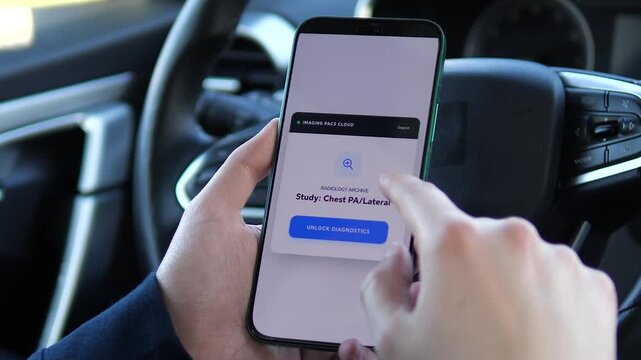 a user preparing to unlock diagnostic imaging via mobile. The interface highlights the Imaging PACS Cloud with a magnifying glass icon. Ideal for illustrating healthcare technology, radiology data