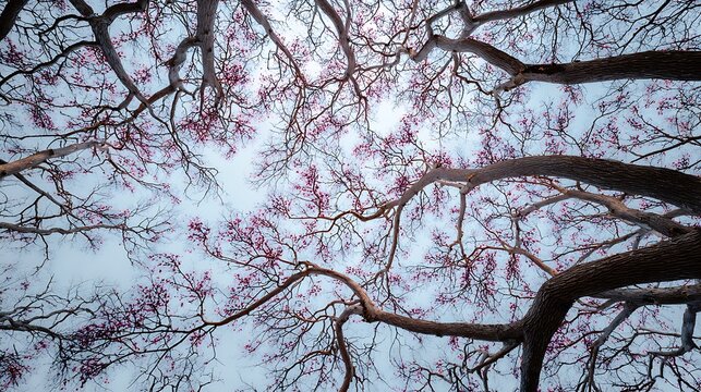 Small pink flowers bloom on bare branches towards a bright sky