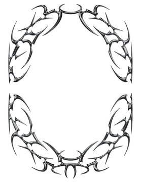 Detailed cyber sigilism metal frame isolated. Y2K tribal silver cyber sigil frame border