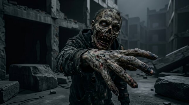 Creepy zombie with decaying skin, glowing eyes, and outstretched hand emerging from dark ruins. Halloween monsters, makeup and costumes for the holiday, scary