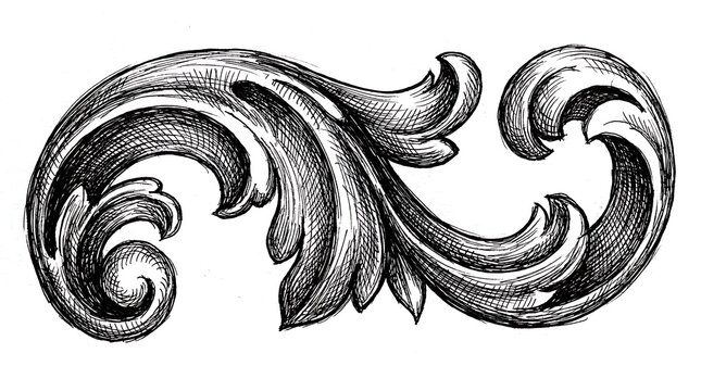 Ornate, black, floral, scroll design element, decorative border, swirl pattern