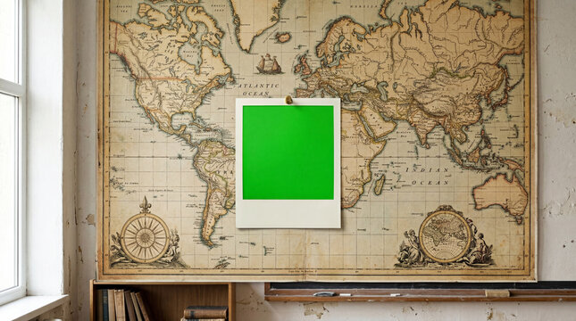 Vintage world map with blank green screen frame pinned on wall