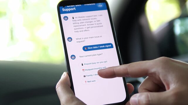 a user receiving a personalized support plan from a chatbot. The screen displays a diagnosis of weak signal and recommended actions like toggling airplane mode. Ideal for illustrating technical