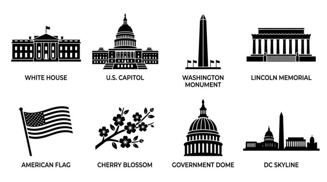 Washington DC Landmarks Vector Icons White House Capitol Building Washington Monument Lincoln Memorial Jefferson Memorial Cherry Blossoms Skyline American Flag Cultural Design Collection