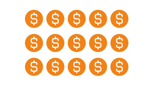Dollar coins color glyph icons matrix animation. Investment accounts continue to rise globally. Animated solid element quantity expansion. Grid formation. HD video with alpha channel