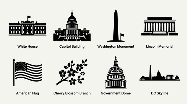 Washington DC Landmarks Vector Icons White House Capitol Building Washington Monument Lincoln Memorial Jefferson Memorial Cherry Blossoms Skyline American Flag Cultural Design Collection