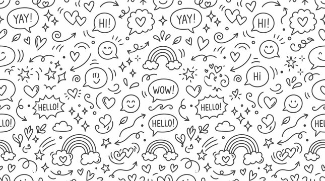 Seamless pattern features whimsical rainbows and speech bubbles to communicate positive messages and friendly interactions.