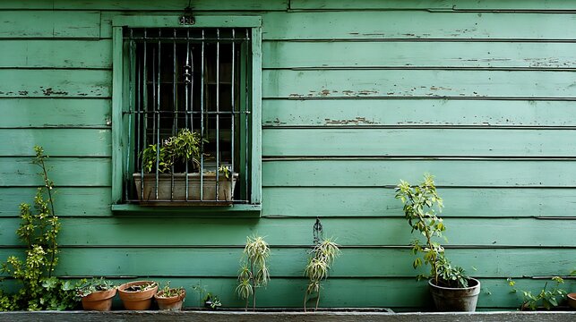 Weathered green wooden wall features window box filled with various potted plants