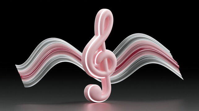 Glowing 3D treble clef surrounded by sound waves, 3D background music, elegant and striking.