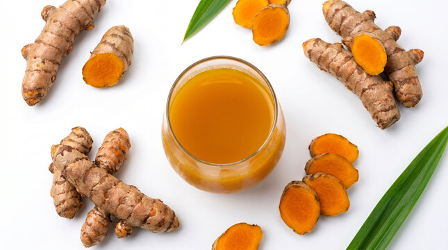 realistic fresh temulawak (Java turmeric) roots arranged in an elegant flat lay