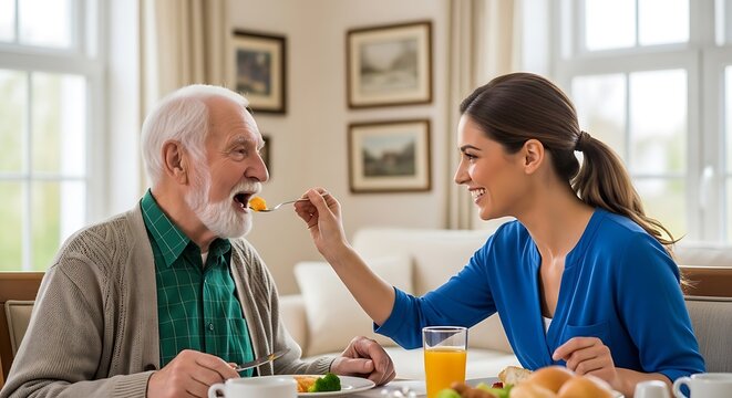 Senior man in green plaid shirt being fed by young woman in blue indoors
