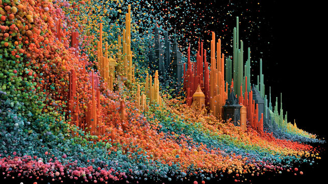 Abstract 3D music visualizer with colorful particles, 3D background music, dynamic and captivating.