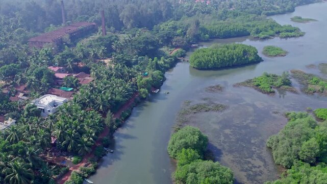 Drone view of Honnavar mangrove landscapes with waterways and lush green surroundings scenery