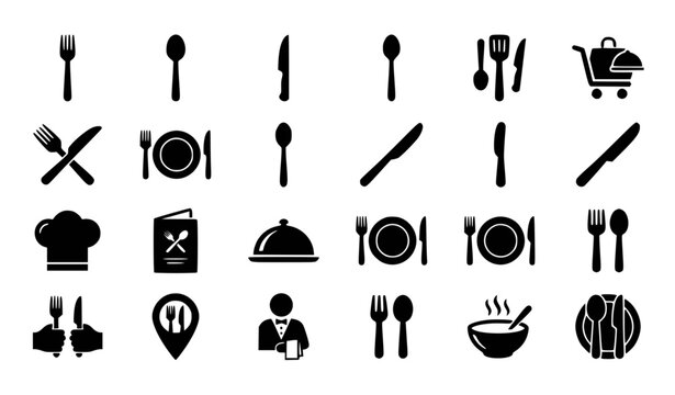 Black silverware icon set fork spoon and knife menu symbols vector isolated on white