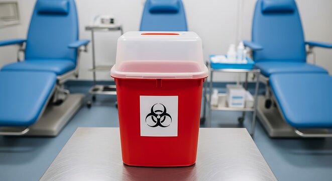 Red biohazard waste disposal container on metal table in clinical room