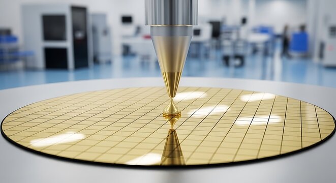 Precision stylus processing a gold semiconductor wafer in cleanroom lab