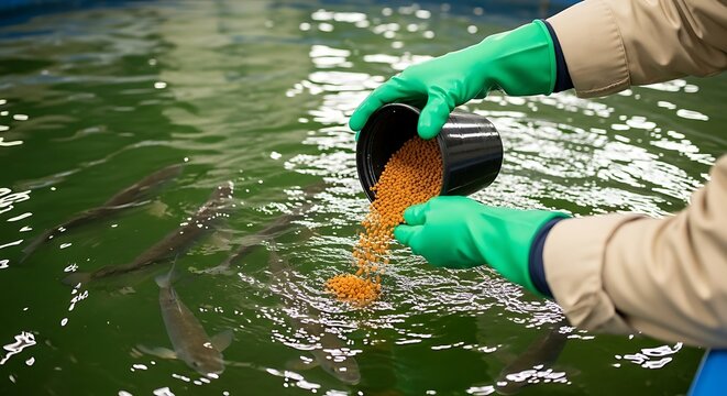 Person in green gloves pouring fish feed pellets into water with fish