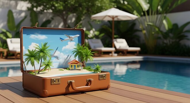 Open brown vintage suitcase with tropical island miniature by swimming pool