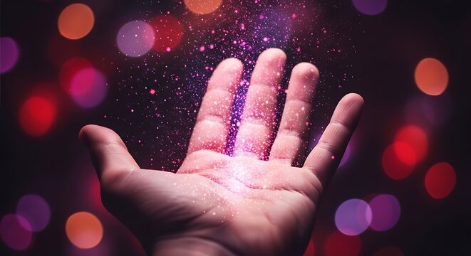 Open hand emitting glowing purple sparkles with bokeh lights background