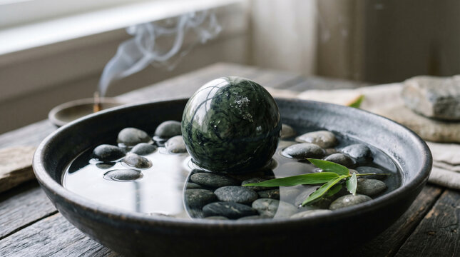 Serene jade stone surrounded by pebbles and water in a bowl with a leaf inside calmly