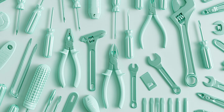 monochromatic mint tool collection floating arrangement, organized pastel mint hand tools isolated on background, minimal floating hardware tools set in mint tone