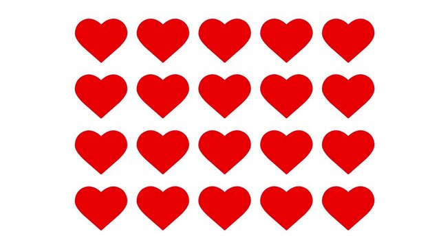 Hearts color glyph icons matrix animation. Valentine day celebration. Cardiovascular system health. Animated solid element quantity expansion. Grid formation. HD video with alpha channel