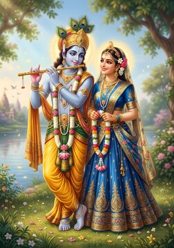 Divine radha krishna flute playing in a serene garden landscape painting