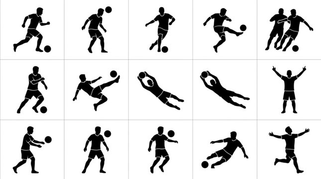 Dynamic Soccer Player Action Silhouettes Collection.
