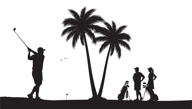 Silhouette Golf Player with Tripod Photographers and Palm Trees in Tropical Landscape Scenery, Vector Style Background