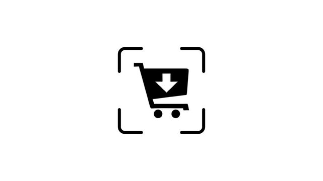 Animated shopping cart inside digital scanning frame with moving light beam overlay.