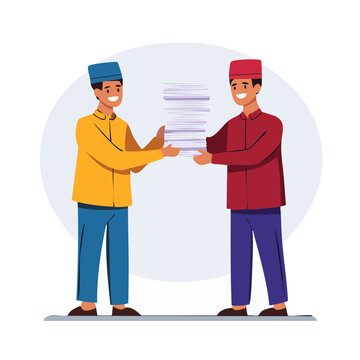 Two men in traditional hats exchanging a stack of papers