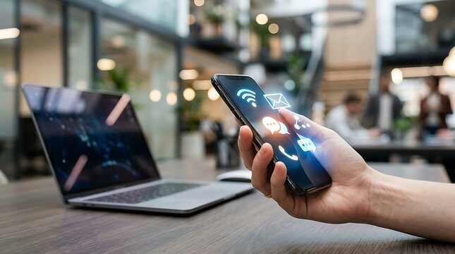 Digital communication icons on smartphone screen, hand holding mobile phone in modern office, wireless technology and social media connectivity