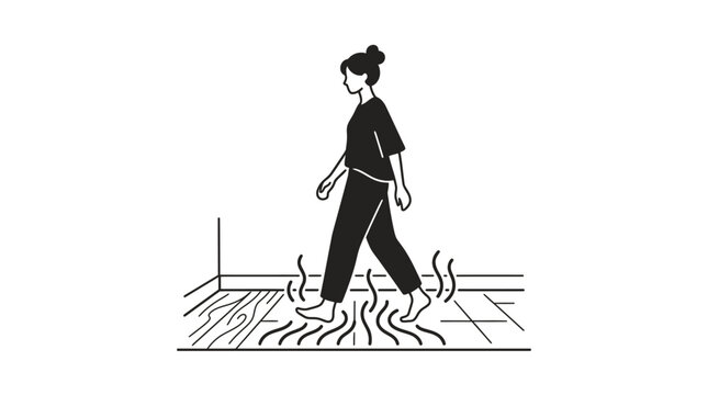 Woman walking on cracked earth surface.