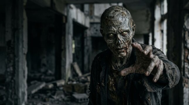 Creepy zombie with decaying skin, glowing eyes, and outstretched hand emerging from dark ruins. Halloween monsters, makeup and costumes for the holiday, scary