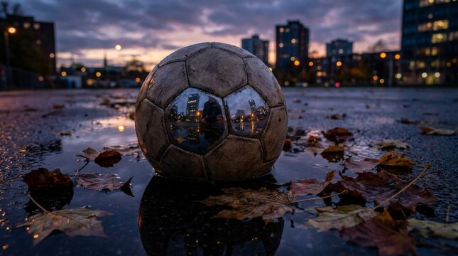 Soccer ball floating in night puddle with glowing city building reflections and leaves