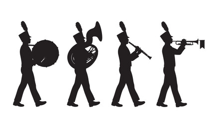 Trumpet Player Silhouette Vector Set with Brass Instrument Poses and Marching Band Style on White Background © Harry 