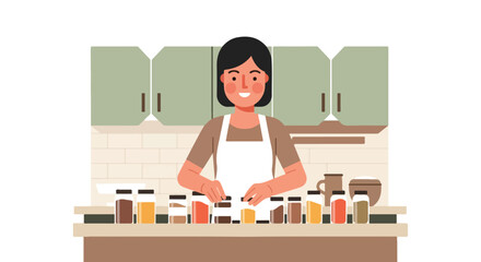Fototapeta premium Woman arranging jars of spices in a kitchen