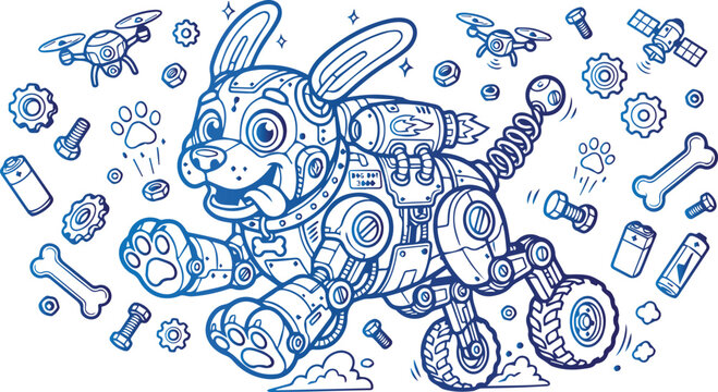 Cute robot dog coloring page for kids with rocket jetpack and drones