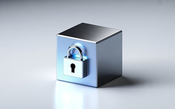 Modern glowing digital padlock on a sleek metallic cube representing cybersecurity and data protection concepts