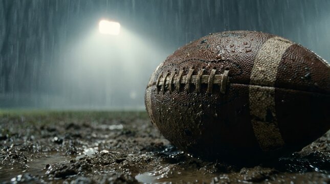 Mud splattered American football resting on wet muddy ground in heavy rain