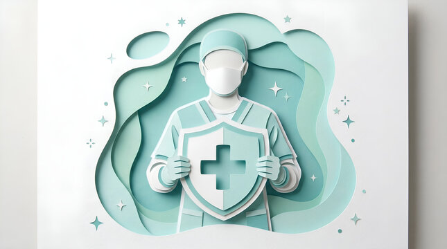 3D Papercut Healthcare Protection Concept: Doctor Holding Medical Shield