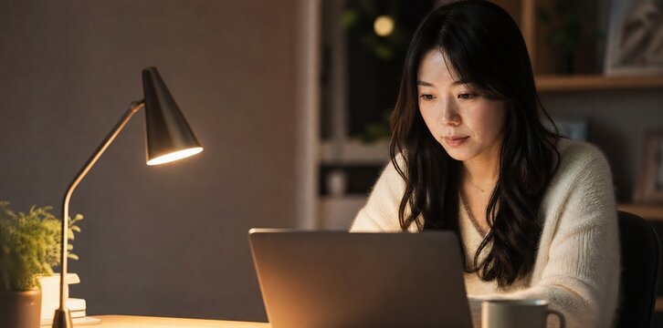 Generative AI, Cheerful young man working on laptop at cozy home desk tonight