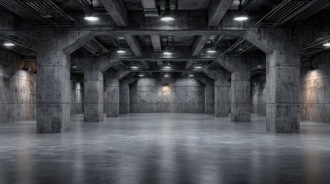 Massive industrial underground chamber featuring numerous structural support columns and overhead illumination