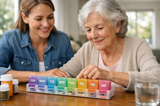 Caregiver helping elderly woman organize weekly medication box